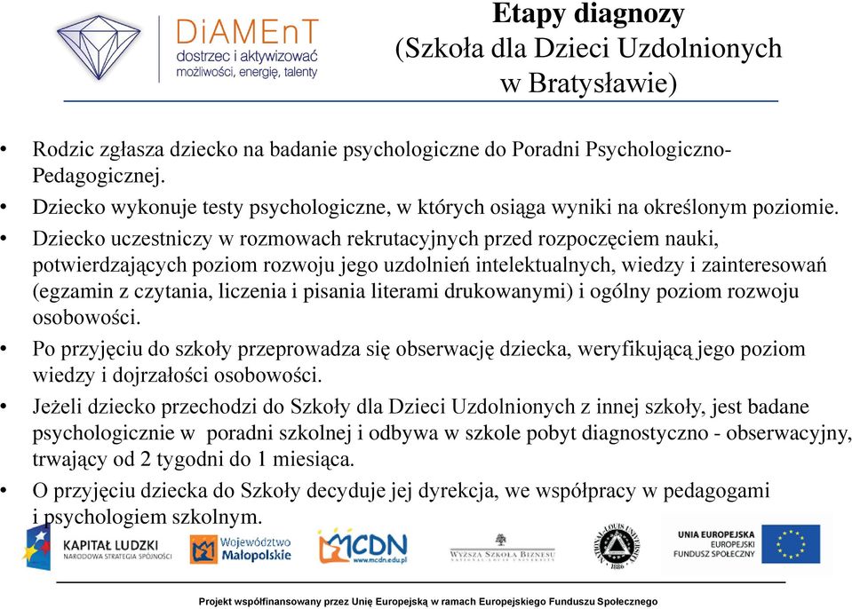 Dziecko uczestniczy w rozmowach rekrutacyjnych przed rozpoczęciem nauki, potwierdzających poziom rozwoju jego uzdolnień intelektualnych, wiedzy i zainteresowań (egzamin z czytania, liczenia i pisania