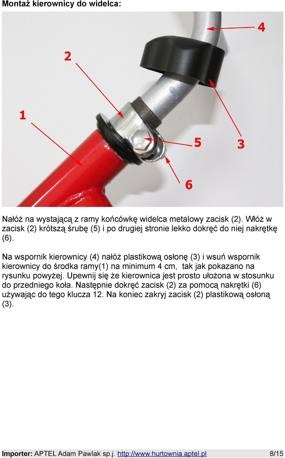 Na wspornik kierownicy (4) nałóż plastikową osłonę (3) i wsuń wspornik kierownicy do środka ramy(1) na minimum 4 cm, tak jak pokazano na