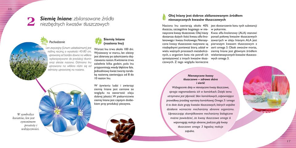 wykorzystywane do produkcji tkanin oraz oleiste nasiona. Odmiana lnu uprawiana na włókno różni się od odmiany uprawianej na nasiona. Siemię lniane (nasiona lnu) Wzrost lnu trwa około 100 dni.