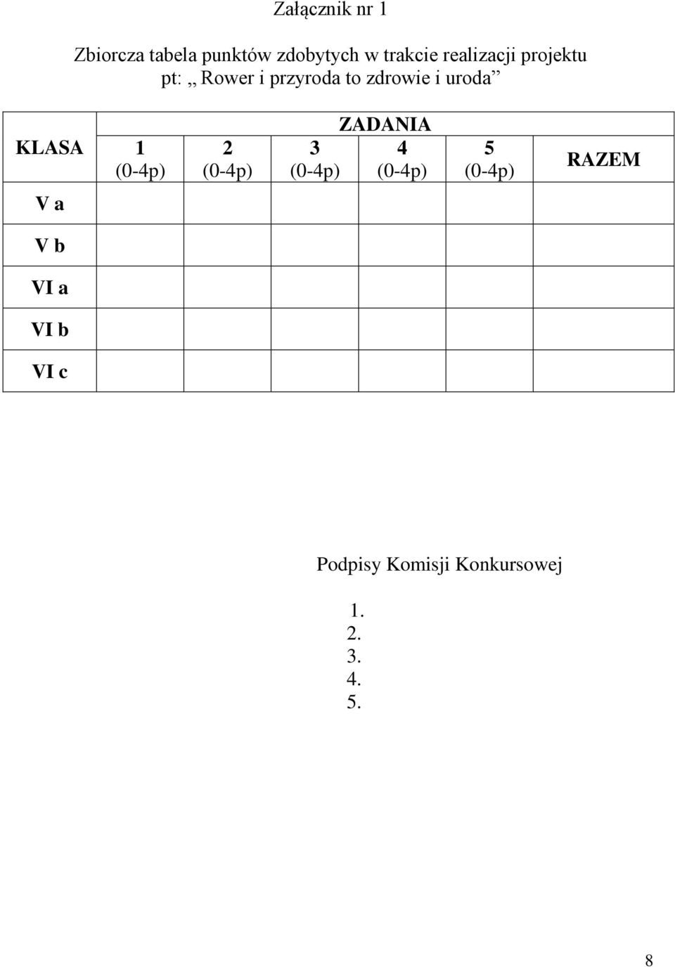 KLASA 1 (0-4p) 2 (0-4p) ZADANIA 3 4 (0-4p) (0-4p) 5 (0-4p)