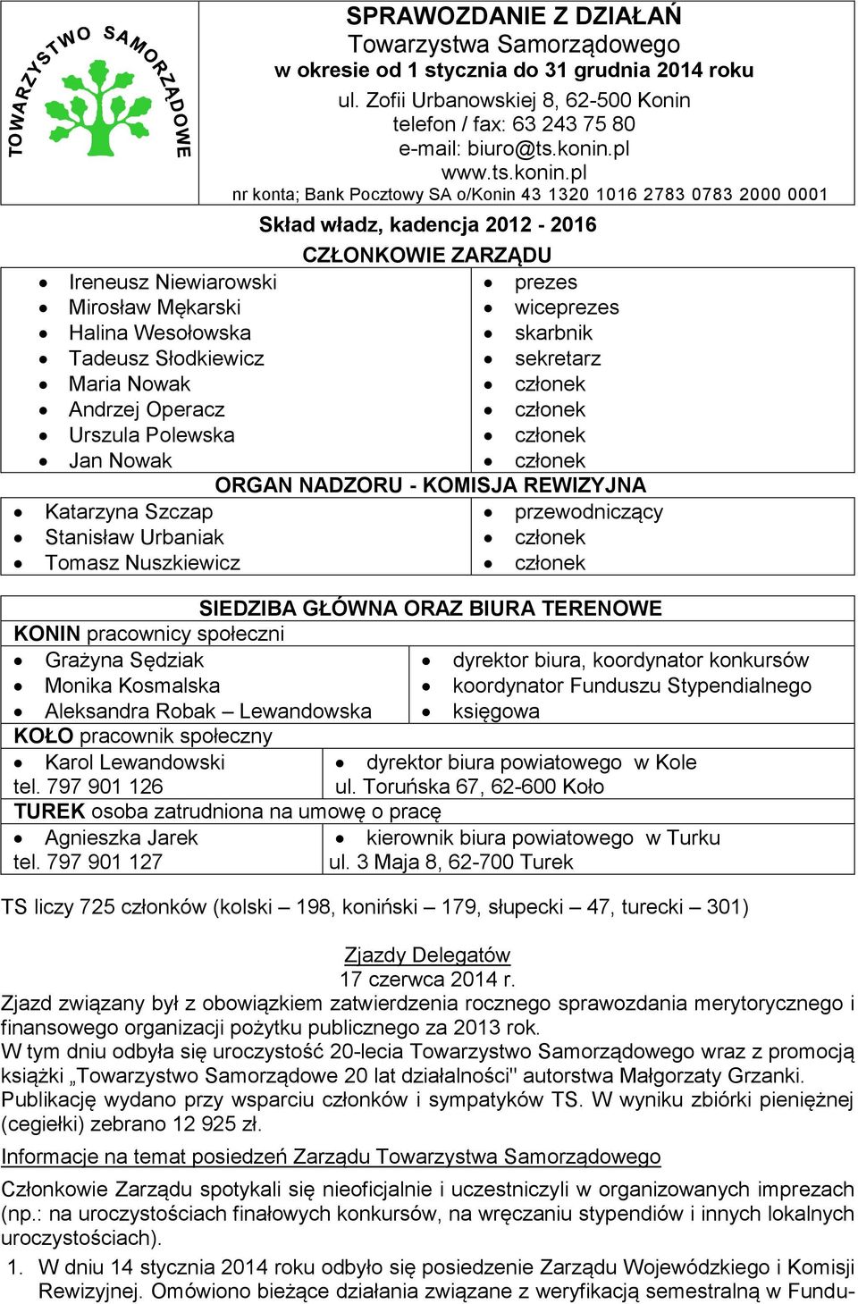 pl nr konta; Bank Pocztowy SA o/konin 43 1320 1016 2783 0783 2000 0001 Skład władz, kadencja 2012-2016 CZŁONKOWIE ZARZĄDU Ireneusz Niewiarowski prezes Mirosław Mękarski wiceprezes Halina Wesołowska