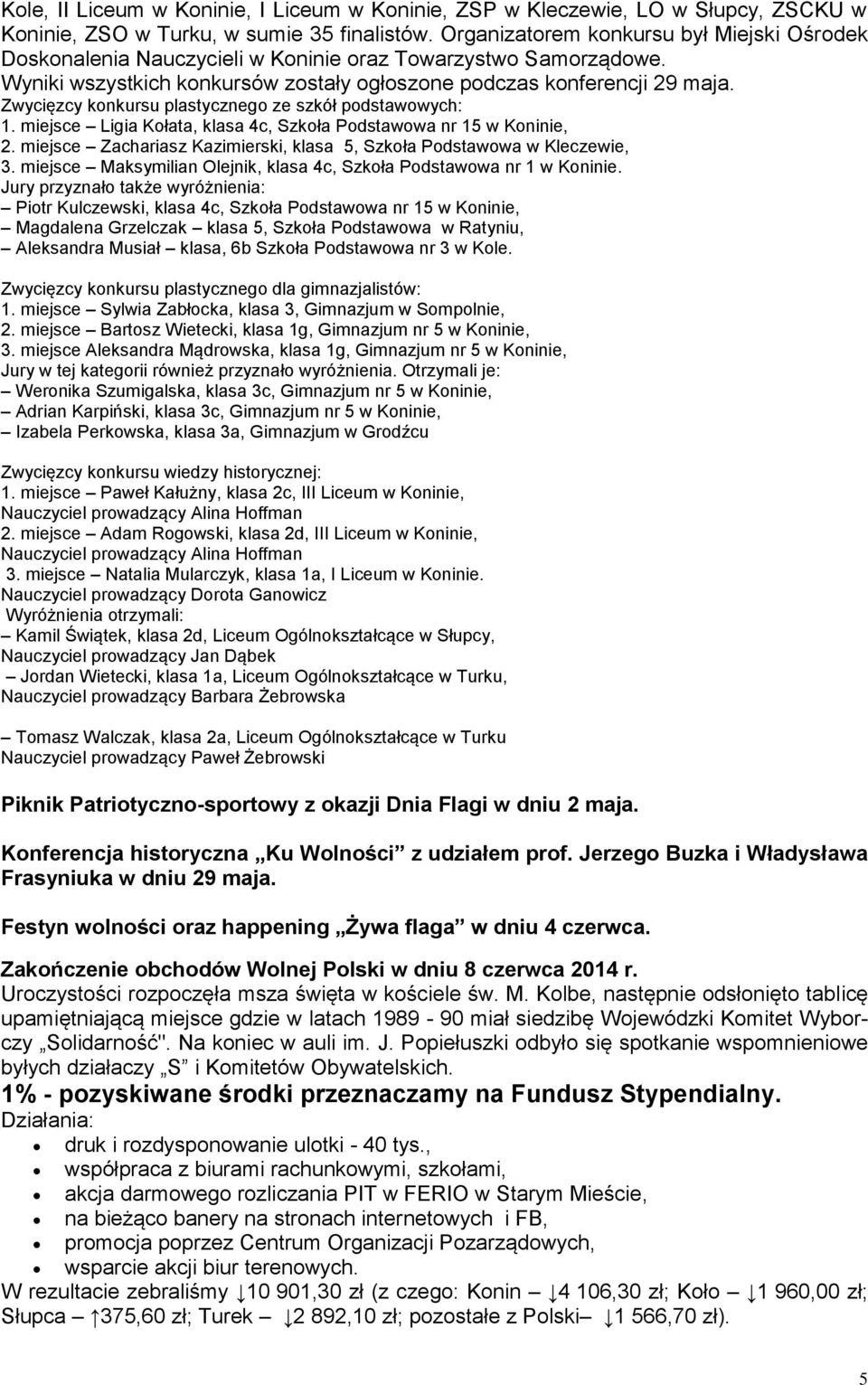 Zwycięzcy konkursu plastycznego ze szkół podstawowych: 1. miejsce Ligia Kołata, klasa 4c, Szkoła Podstawowa nr 15 w Koninie, 2.