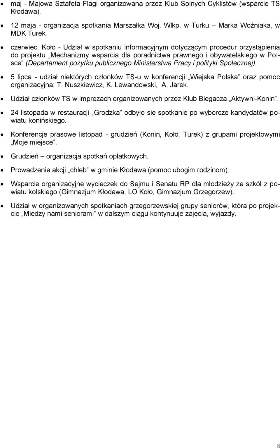 Ministerstwa Pracy i polityki Społecznej). 5 lipca - udział niektórych członków TS-u w konferencji Wiejska Polska oraz pomoc organizacyjna: T. Nuszkiewicz, K. Lewandowski, A. Jarek.