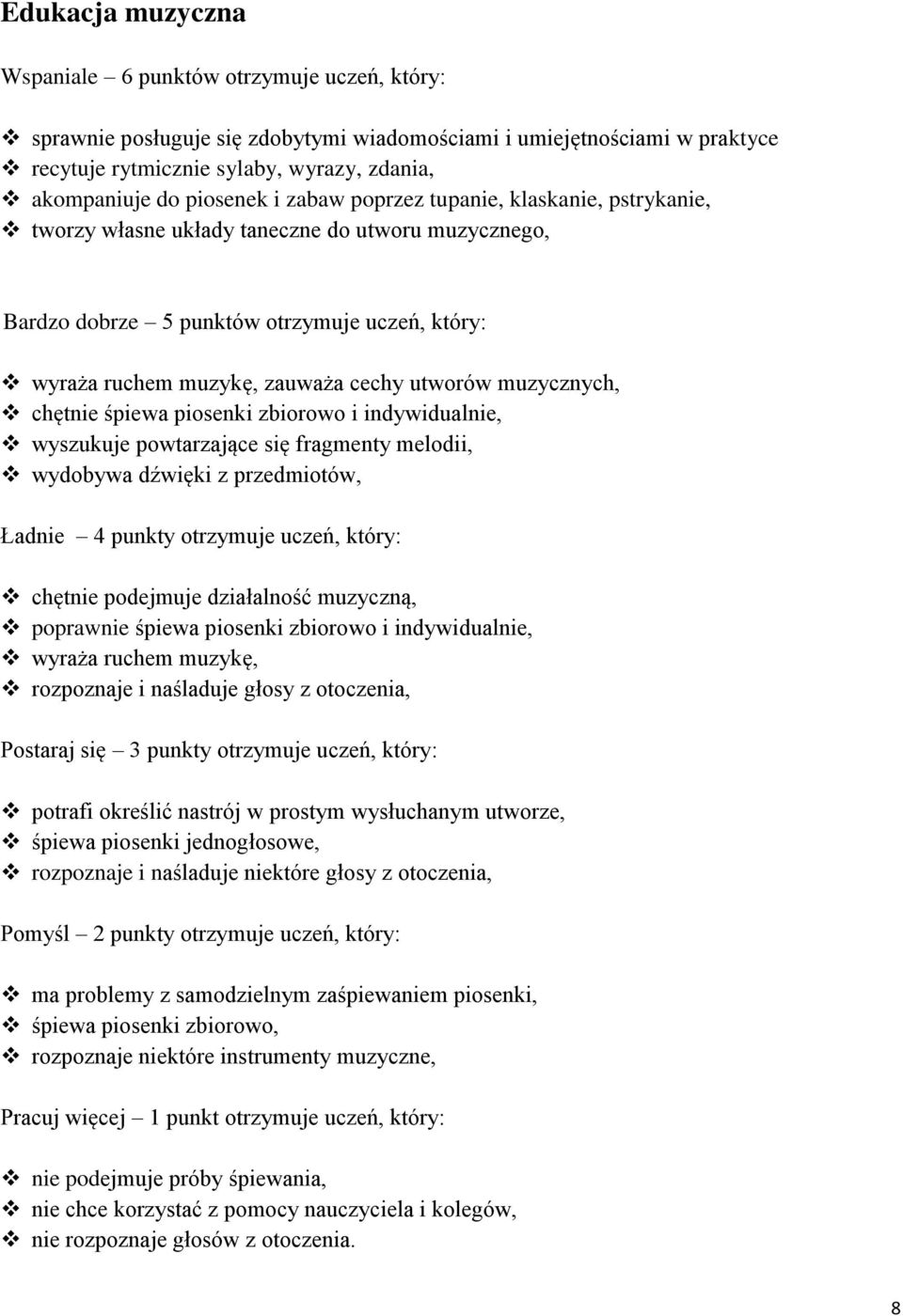 utworów muzycznych, chętnie śpiewa piosenki zbiorowo i indywidualnie, wyszukuje powtarzające się fragmenty melodii, wydobywa dźwięki z przedmiotów, chętnie podejmuje działalność muzyczną, poprawnie