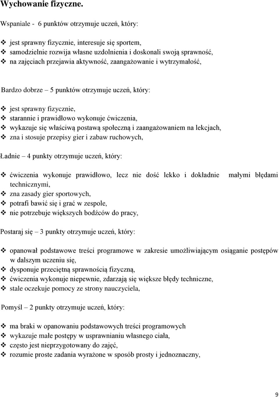 zaangażowanie i wytrzymałość, Bardzo dobrze 5 punktów otrzymuje uczeń, który: jest sprawny fizycznie, starannie i prawidłowo wykonuje ćwiczenia, wykazuje się właściwą postawą społeczną i