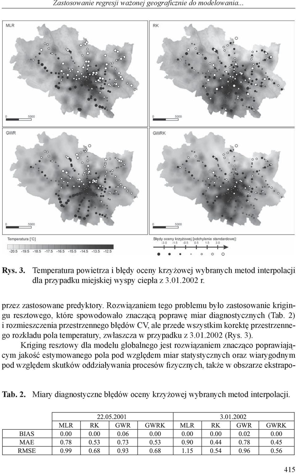 2) i rozmieszczenia przestrzennego błędów CV, ale przede wszystkim korektę przestrzennego rozkładu pola temperatury, zwłaszcza w przypadku z 3.01.2002 (Rys. 3).