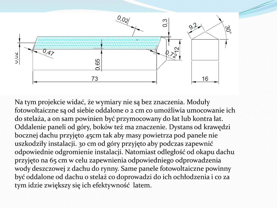 Oddalenie paneli od góry, boków też ma znaczenie. Dystans od krawędzi bocznej dachu przyjęto 45cm tak aby masy powietrza pod panele nie uszkodziły instalacji.