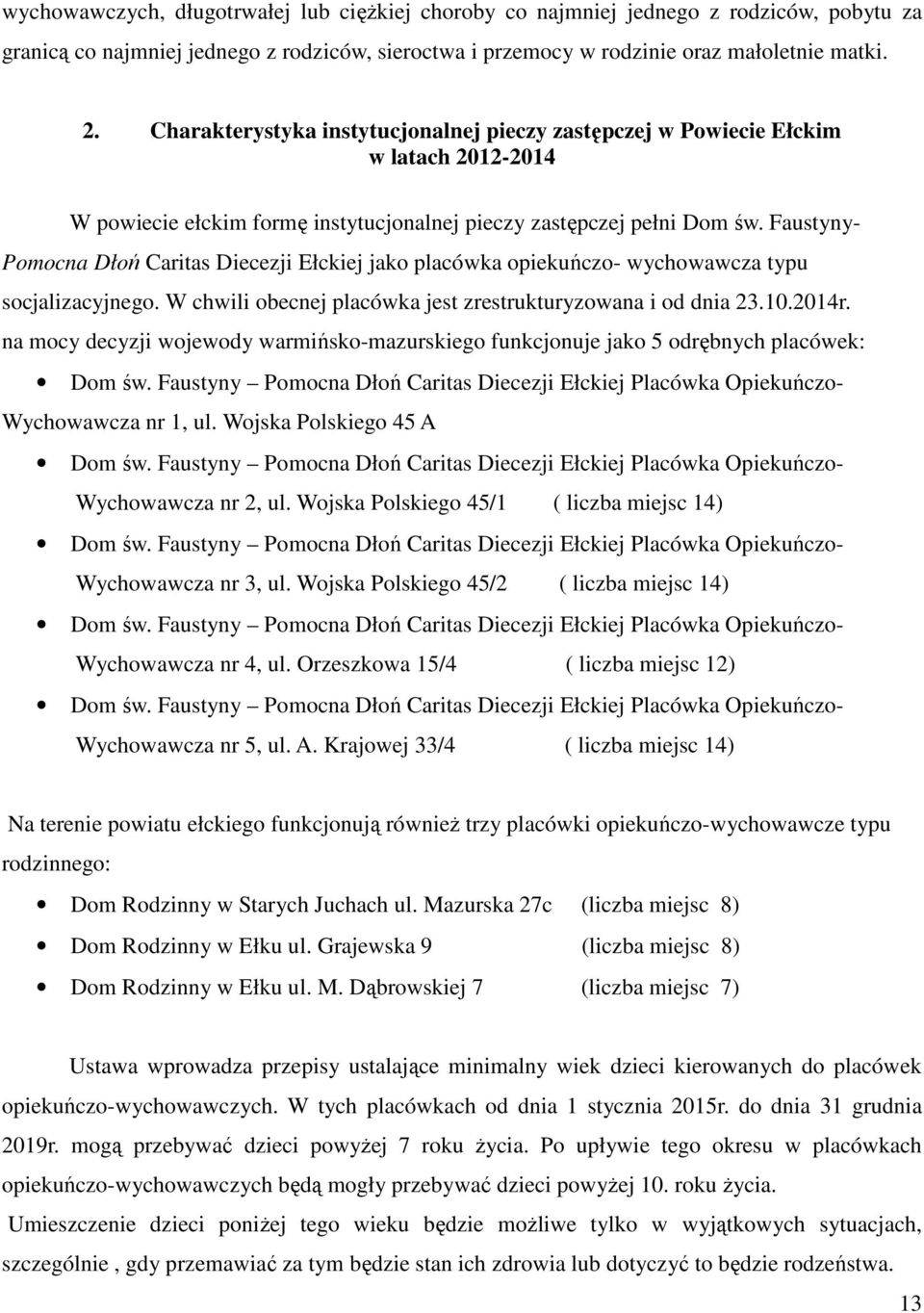 Faustyny- Pomocna Dłoń Caritas Diecezji Ełckiej jako placówka opiekuńczo- wychowawcza typu socjalizacyjnego. W chwili obecnej placówka jest zrestrukturyzowana i od dnia 23.10.2014r.