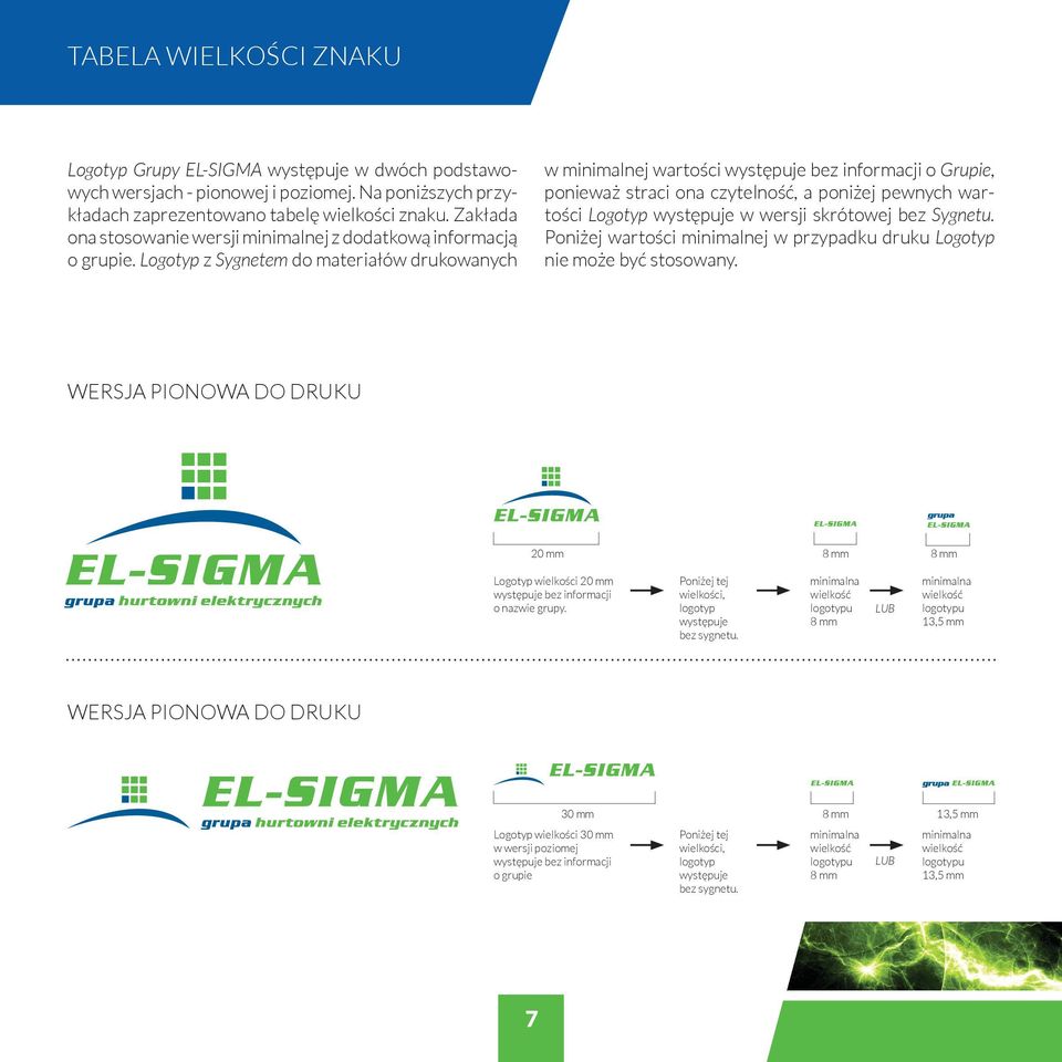 Logotyp z Sygnetem do materiałów drukowanych w minimalnej wartości występuje bez informacji o Grupie, ponieważ straci ona czytelność, a poniżej pewnych wartości Logotyp występuje w wersji skrótowej