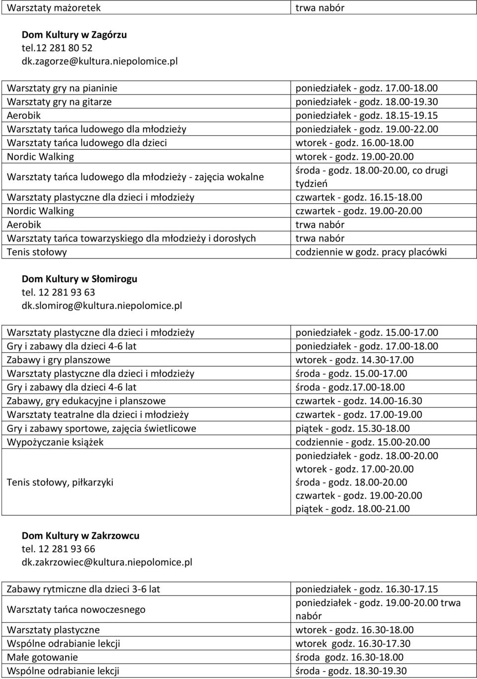 00 Nordic Walking wtorek - godz. 19.00-20.00 Warsztaty tańca ludowego dla młodzieży - zajęcia wokalne środa - godz. 18.00-20.00, co drugi tydzień Warsztaty plastyczne dla dzieci i młodzieży czwartek - godz.