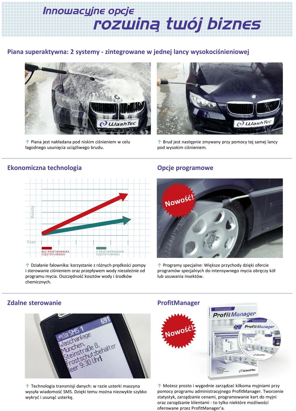 Ekonomiczna technologia Opcje programowe Koszty Czas BEZ PRZETWORNIKA CZĘSTOTLIWOŚCI Z PRZETWORNIKIEM CZĘSTOTLIWOŚCI Działanie falownika: korzystanie z różnych prędkości pompy i sterowanie ciśnieniem