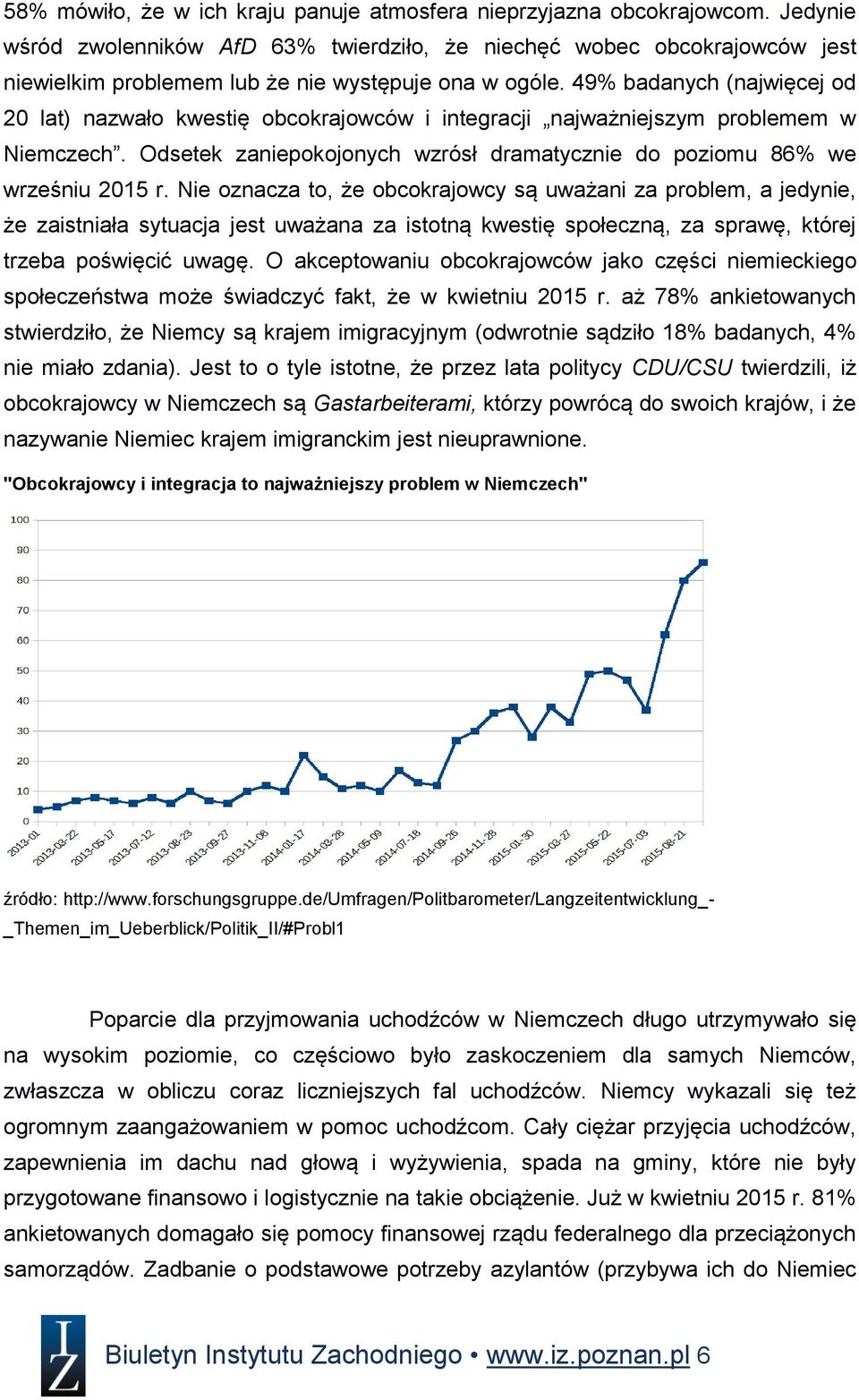 49% badanych (najwięcej od 20 lat) nazwało kwestię obcokrajowców i integracji najważniejszym problemem w Niemczech. Odsetek zaniepokojonych wzrósł dramatycznie do poziomu 86% we wrześniu 2015 r.