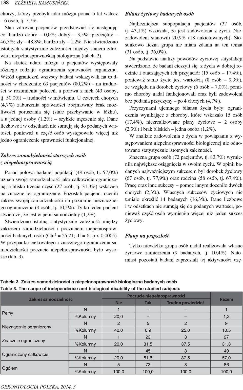 Nie stwierdzono istotnych statystycznie zależności między stanem zdrowia i niepełnosprawnością biologiczną (tabela 2).