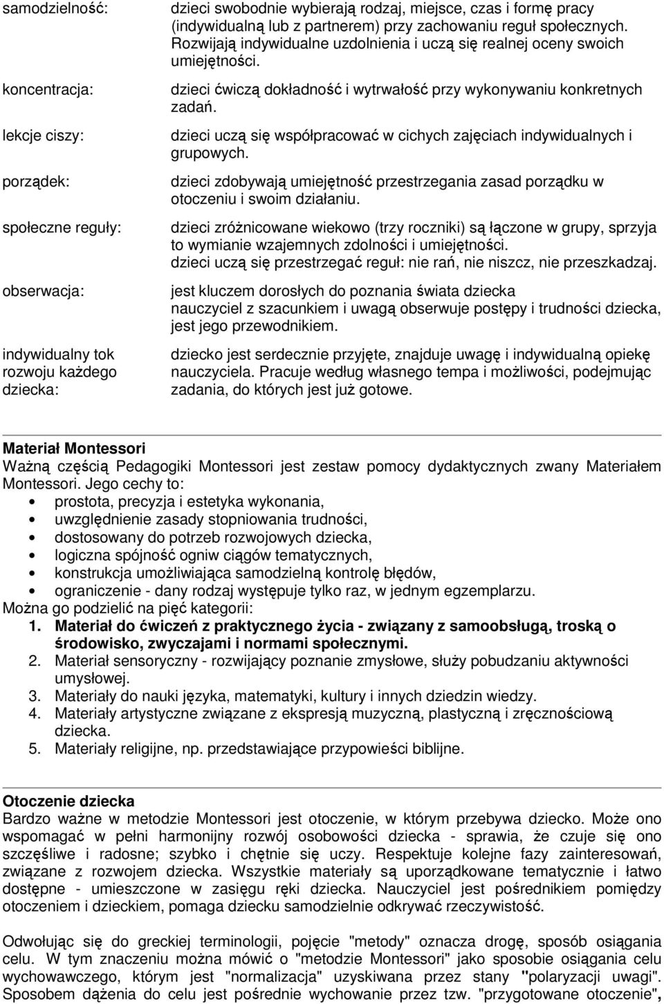 dzieci ćwiczą dokładność i wytrwałość przy wykonywaniu konkretnych zadań. dzieci uczą się współpracować w cichych zajęciach indywidualnych i grupowych.