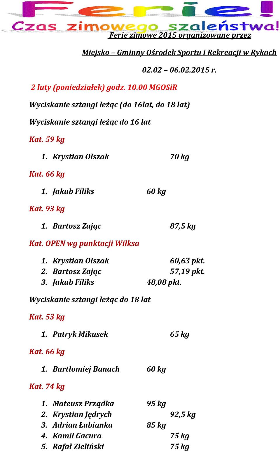 Bartosz Zając 87,5 kg Kat. OPEN wg punktacji Wilksa 1. Krystian Olszak 60,63 pkt. 2. Bartosz Zając 57,19 pkt. 3. Jakub Filiks 48,08 pkt.