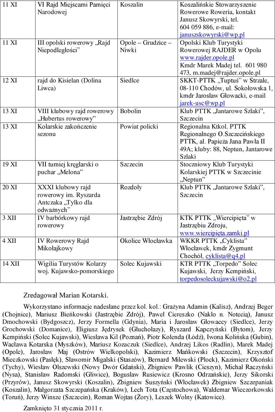 Ryszarda Antczaka Tylko dla odważnych 3 XII IV barbórkowy rajd rowerowy 4 XII IV Rowerowy Rajd Mikołajkowy 14 XII Wigilia Turystów Kolarzy woj.