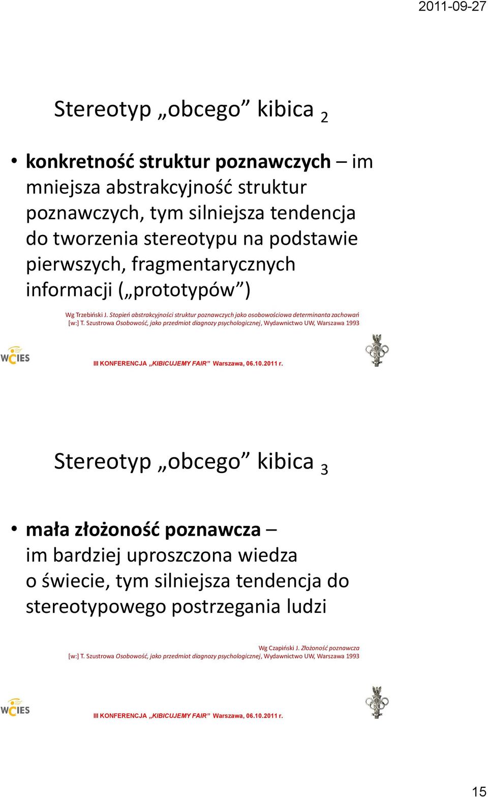 Szustrowa Osobowośd, jako przedmiot diagnozy psychologicznej, Wydawnictwo UW, Warszawa 1993 Stereotyp obcego kibica 3 mała złożonośd poznawcza im bardziej uproszczona wiedza o