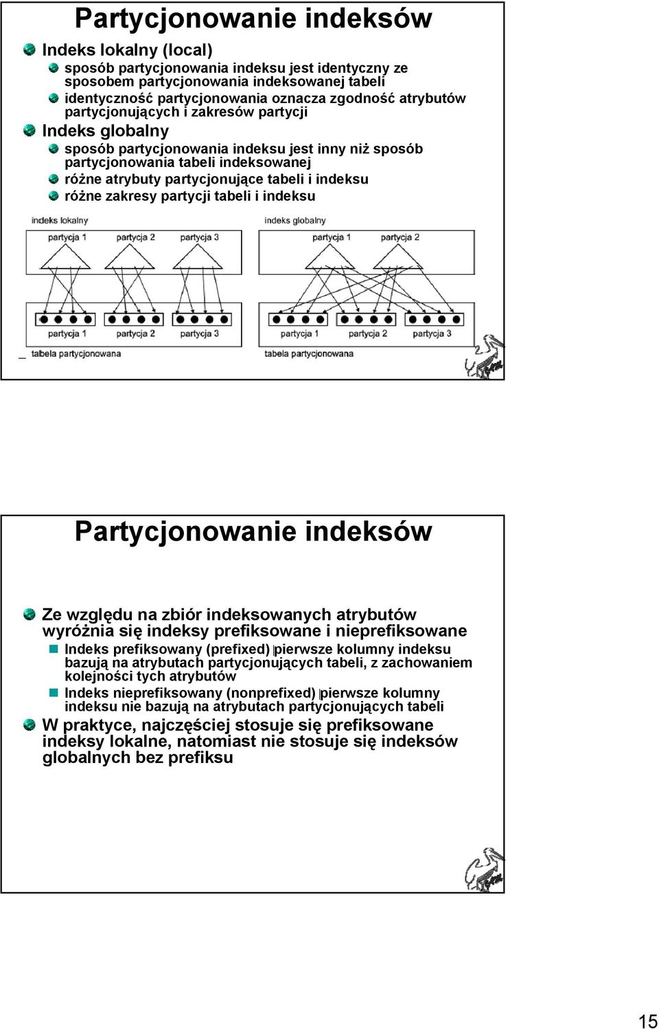 zakresy partycji tabeli i indeksu Partycjonowanie indeksów Ze względu na zbiór indeksowanych atrybutów wyróżnia się indeksy prefiksowane i nieprefiksowane Indeks prefiksowany (prefixed) pierwsze