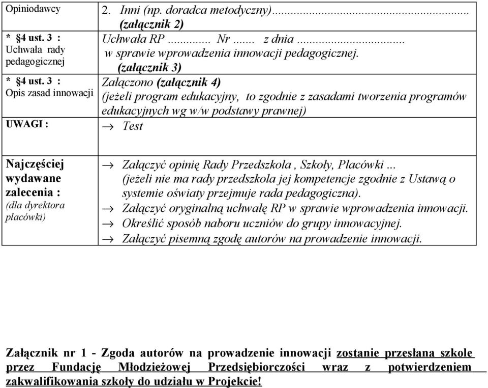 (załącznik 3) Załączono (załącznik 4) (jeżeli program edukacyjny, to zgodnie z zasadami tworzenia programów edukacyjnych wg w/w podstawy prawnej) Test Najczęściej wydawane zalecenia : (dla dyrektora