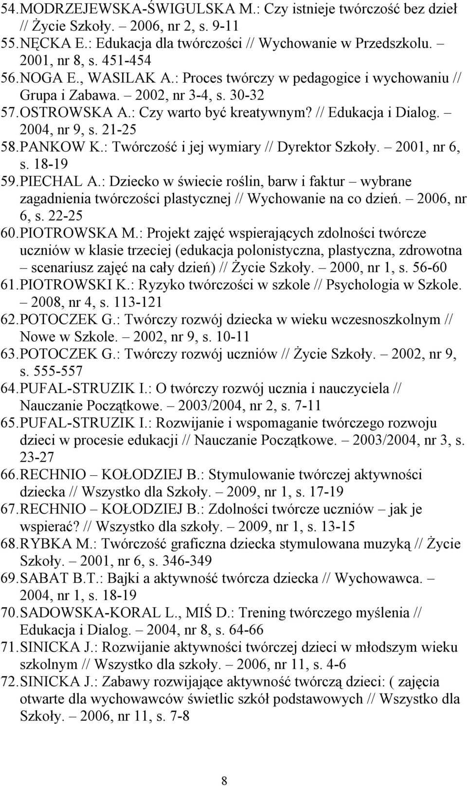 PANKOW K.: Twórczość i jej wymiary // Dyrektor Szkoły. 2001, nr 6, s. 18-19 59. PIECHAL A.