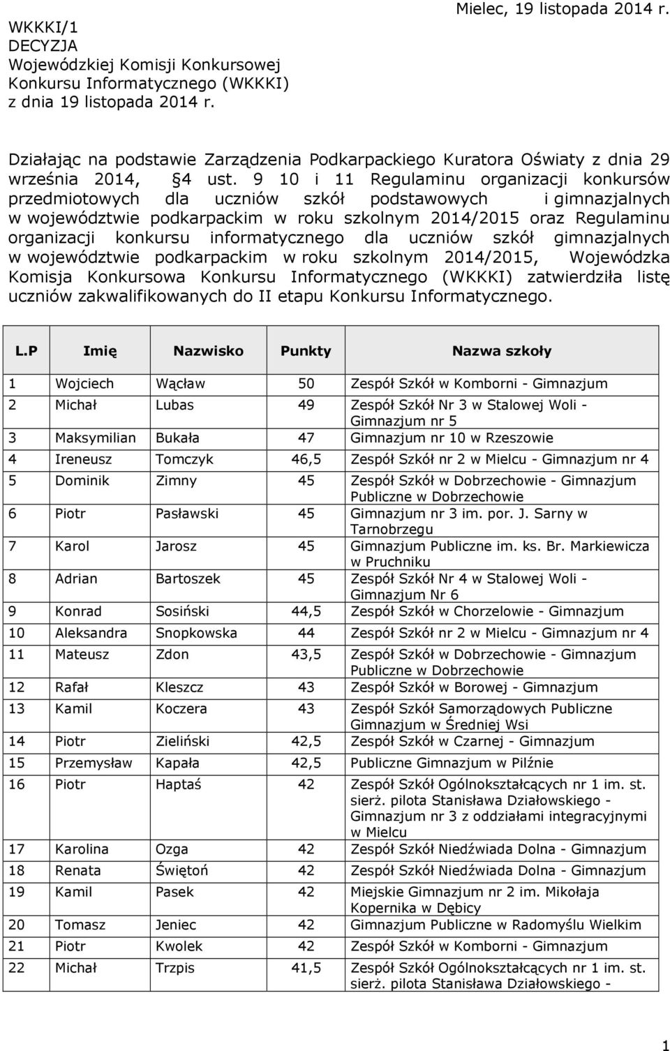 9 10 i 11 Regulaminu organizacji konkursów przedmiotowych dla uczniów szkół podstawowych i gimnazjalnych w województwie podkarpackim w roku szkolnym 2014/2015 oraz Regulaminu organizacji konkursu