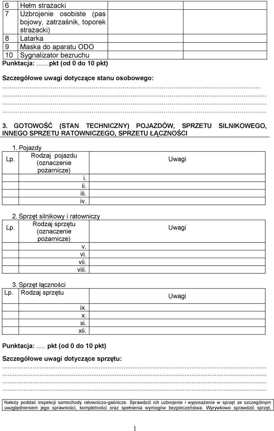 Pojazdy Rodzaj pojazdu Lp. (oznaczenie pożarnicze) i. ii. iii. iv. 2. Sprzęt silnikowy i ratowniczy Rodzaj sprzętu Lp. (oznaczenie pożarnicze) v. vi. vii. viii. Uwagi Uwagi 3. Sprzęt łączności Lp.