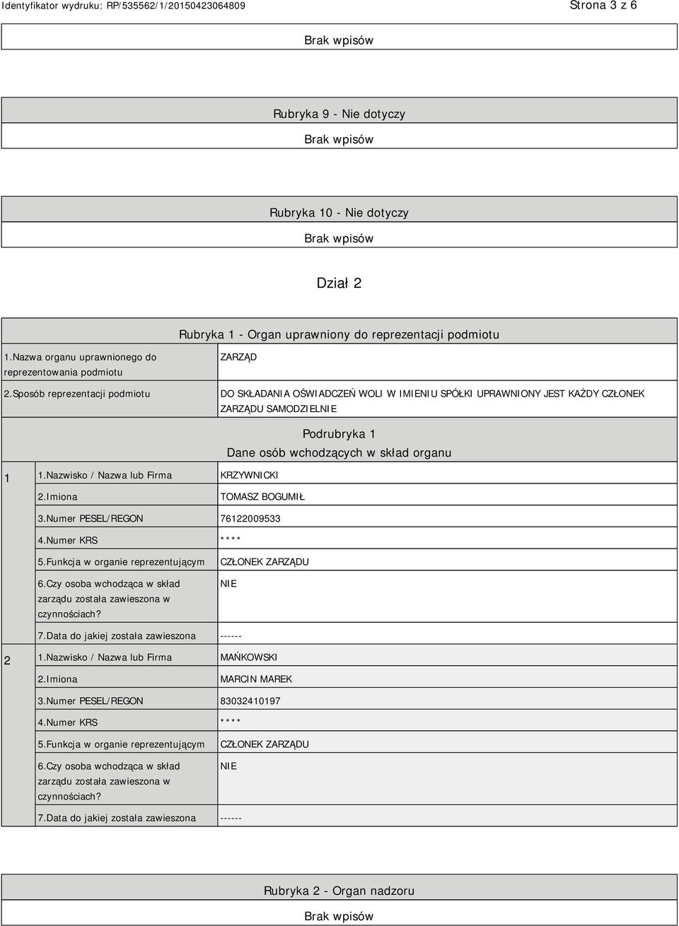 Nazwisko / Nazwa lub Firma KRZYWNICKI Podrubryka 1 Dane osób wchodzących w skład organu TOMASZ BOGUMIŁ 3.Numer PESEL/REGON 76122009533 4.Numer KRS **** 5.Funkcja w organie reprezentującym 6.