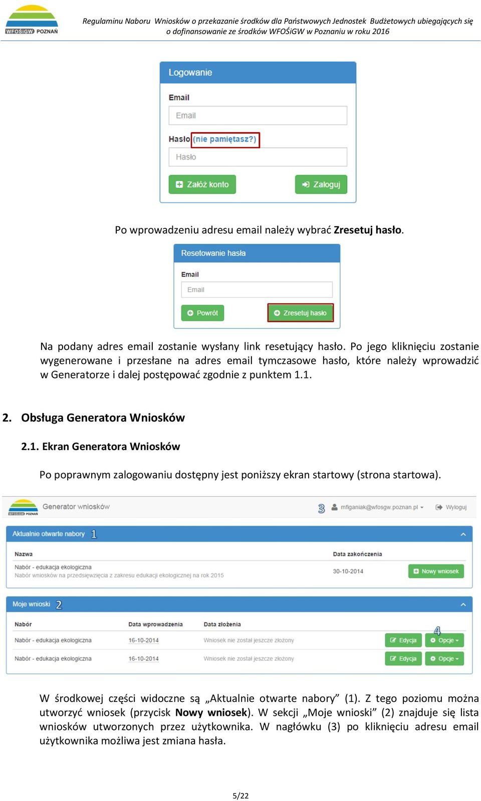 Obsługa Generatora Wniosków 2.1. Ekran Generatora Wniosków Po poprawnym zalogowaniu dostępny jest poniższy ekran startowy (strona startowa).