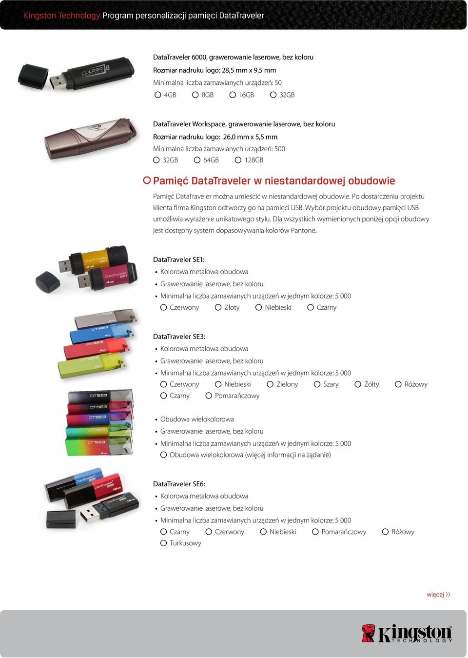 niestandardowej obudowie. Po dostarczeniu projektu klienta firma Kingston odtworzy go na pamięci USB. Wybór projektu obudowy pamięci USB umożliwia wyrażenie unikatowego stylu.