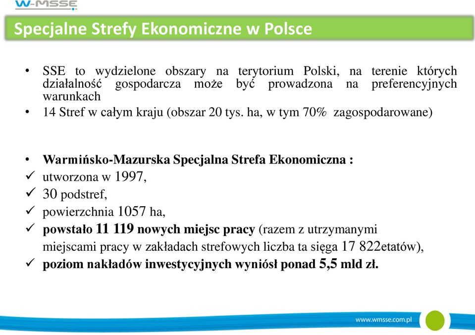 ha, w tym 70% zagospodarowane) Warmińsko-Mazurska Specjalna Strefa Ekonomiczna : utworzona w 1997, 30 podstref, powierzchnia 1057 ha,