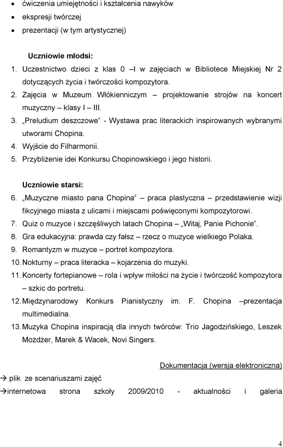 3. Preludium deszczowe - Wystawa prac literackich inspirowanych wybranymi utworami Chopina. 4. Wyjście do Filharmonii. 5. Przybliżenie idei Konkursu Chopinowskiego i jego historii.