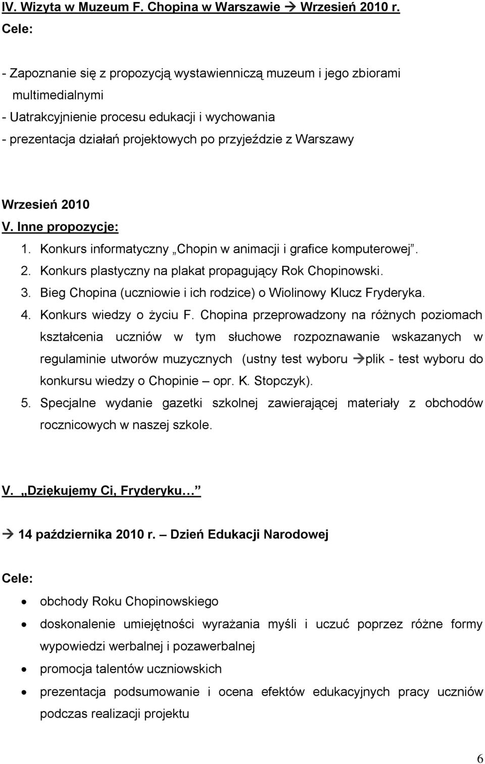 Wrzesień 2010 V. Inne propozycje: 1. Konkurs informatyczny Chopin w animacji i grafice komputerowej. 2. Konkurs plastyczny na plakat propagujący Rok Chopinowski. 3.