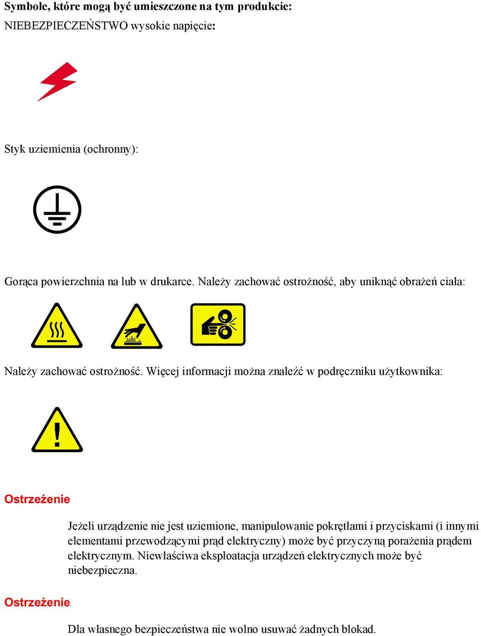 Więcej informacji można znaleźć w podręczniku użytkownika: Ostrzeżenie Jeżeli urządzenie nie jest uziemione, manipulowanie pokrętłami i przyciskami (i innymi