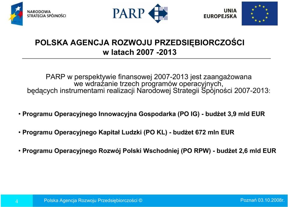 2007-2013: Programu Operacyjnego Innowacyjna Gospodarka (PO IG) - bud et 3,9 mld EUR Programu Operacyjnego Kapita