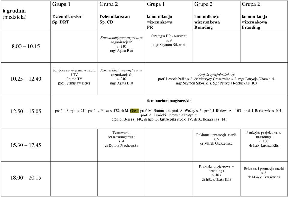 4, mgr Szymon Sikorski s. 5,dr Patrycja Rozbicka s. 103 Seminarium magisterskie prof. I. Surynt, prof. L. Pułka s. 138, dr M. Grech prof. M. Bratuń s. 4, prof. A. Woźny s. 5, prof. J.