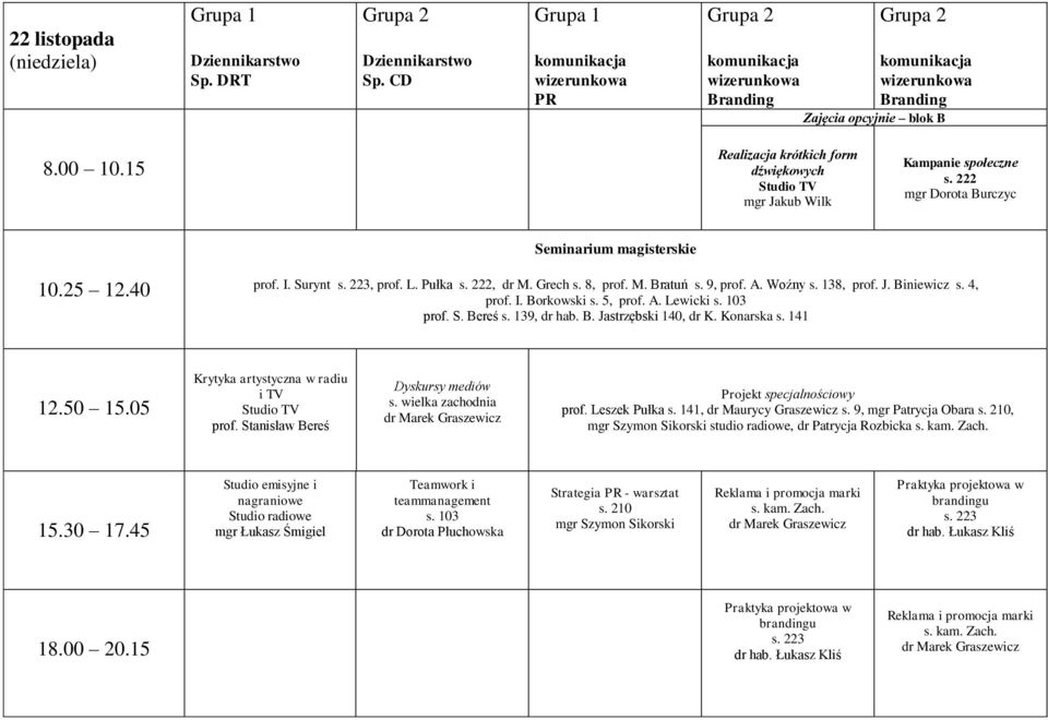 Konarska s. 141 Krytyka artystyczna w radiu i TV prof. Stanisław Bereś s. wielka zachodnia Projekt specjalnościowy prof. Leszek Pułka s.