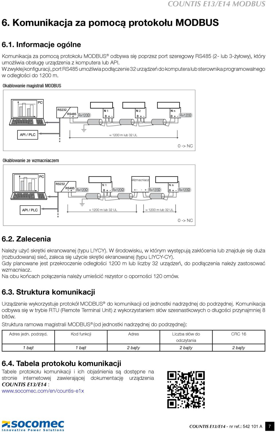 Okablowanie magistrali MODBUS 1200 m lub 32 UL 0 -> NC Okablowanie ze wzmacniaczem Wzmacniacz 1200 m lub 32 UL 1200 m lub 32 UL 0 -> NC 6.2. Zalecenia Należy użyć skrętki ekranowanej (typu LIYCY).
