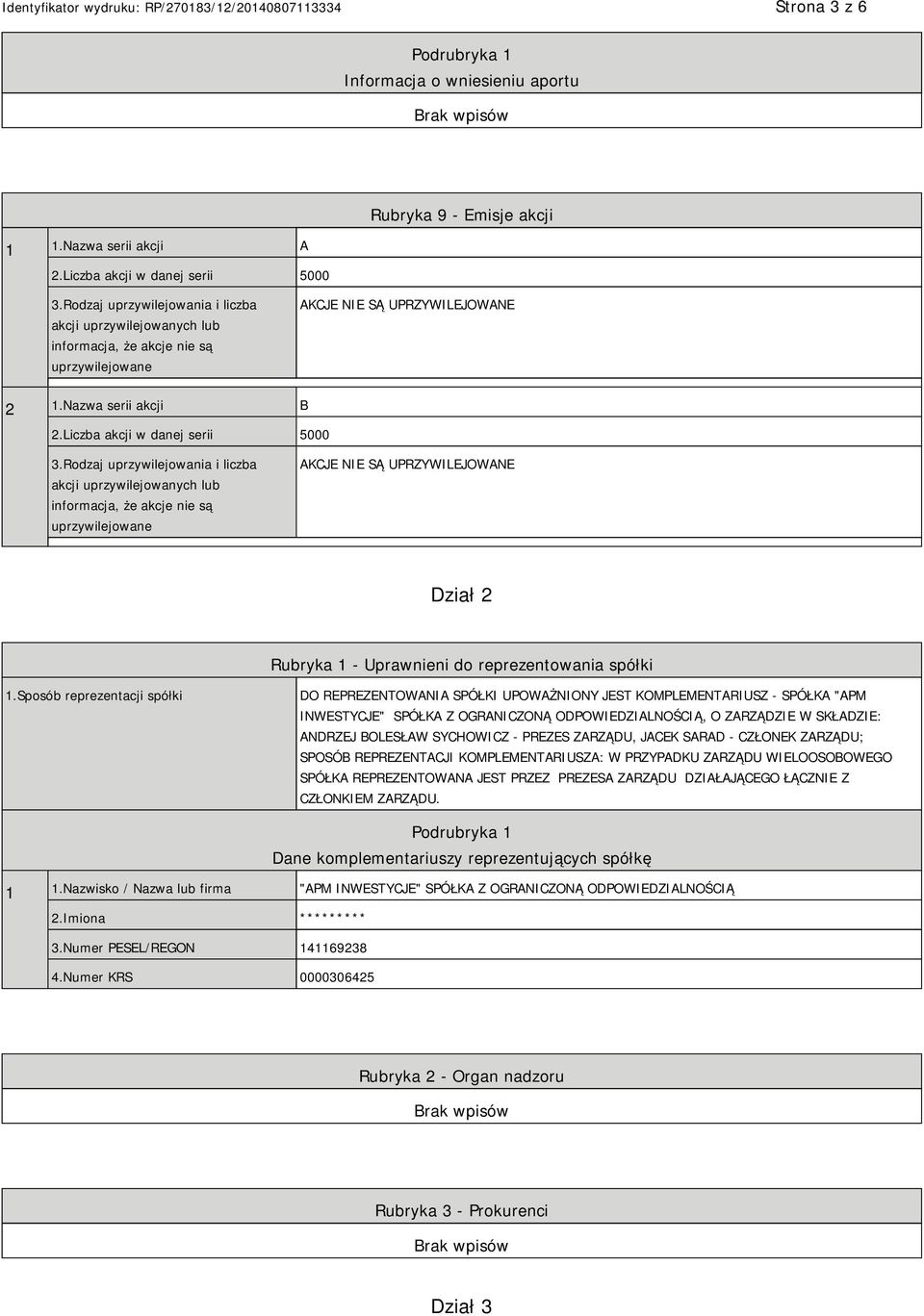 Rodzaj uprzywilejowania i liczba akcji uprzywilejowanych lub informacja, że akcje nie są uprzywilejowane AKCJE NIE SĄ UPRZYWILEJOWANE Dział 2 Rubryka 1 - Uprawnieni do reprezentowania spółki 1.