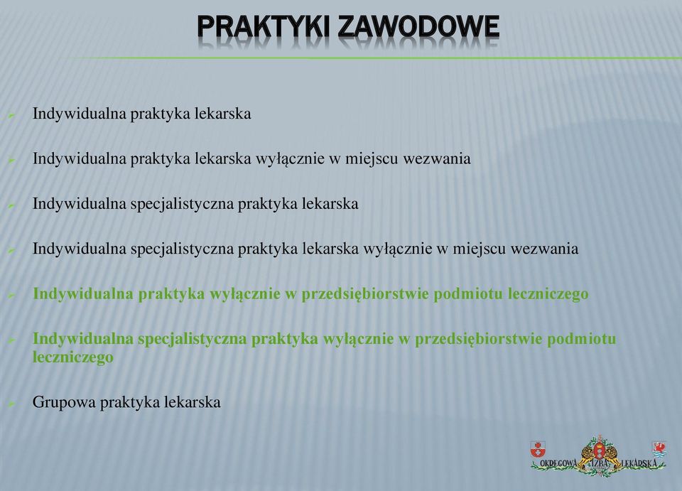 wyłącznie w miejscu wezwania Indywidualna praktyka wyłącznie w przedsiębiorstwie podmiotu leczniczego