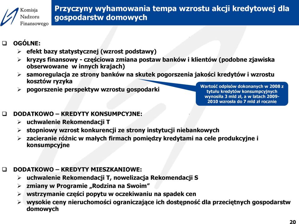 dokonanych w 2008 z tytułu kredytów konsumpcyjnych wynosiła 3 mld zł, a w latach 2009-2010 wzrosła do 7 mld zł rocznie DODATKOWO KREDYTY KONSUMPCYJNE: uchwalenie Rekomendacji T stopniowy wzrost