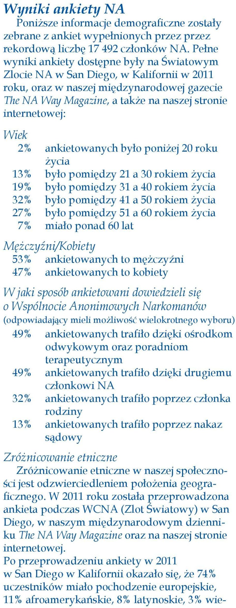 Wiek 2% ankietowanych było poniżej 20 roku życia 13% było pomiędzy 21 a 30 rokiem życia 19% było pomiędzy 31 a 40 rokiem życia 32% było pomiędzy 41 a 50 rokiem życia 27% było pomiędzy 51 a 60 rokiem