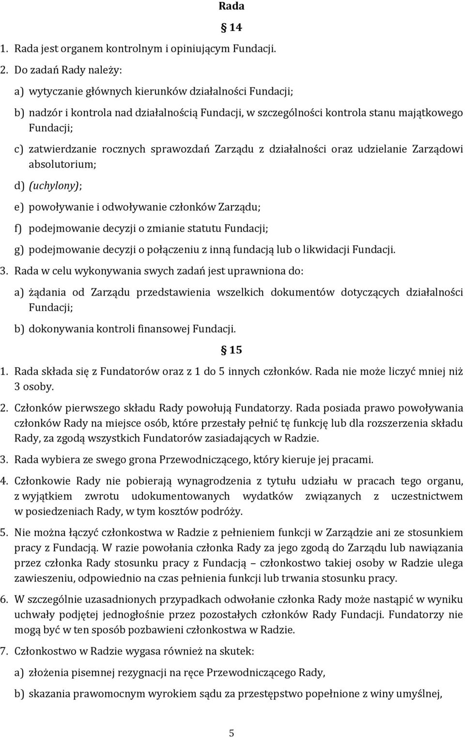 rocznych sprawozdań Zarządu z działalności oraz udzielanie Zarządowi absolutorium; d) (uchylony); e) powoływanie i odwoływanie członków Zarządu; f) podejmowanie decyzji o zmianie statutu Fundacji; g)