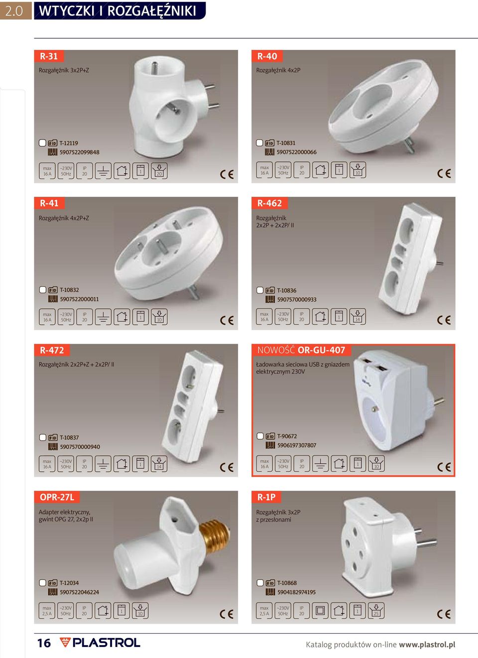 ładowarka sieciowa USB z gniazdem elektrycznym 230V T-0837 5907570000940 T-90672 590697307807 6 A 4 6 A 0 OPR-27L Adapter elektryczny, gwint