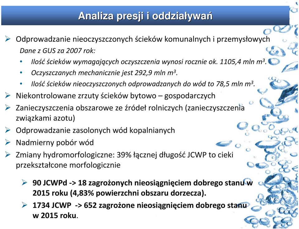 Niekontrolowane zrzuty ścieków bytowo gospodarczych Zanieczyszczenia obszarowe ze źródełrolniczych (zanieczyszczenia związkami azotu) Odprowadzanie zasolonych wód kopalnianych Nadmierny pobór