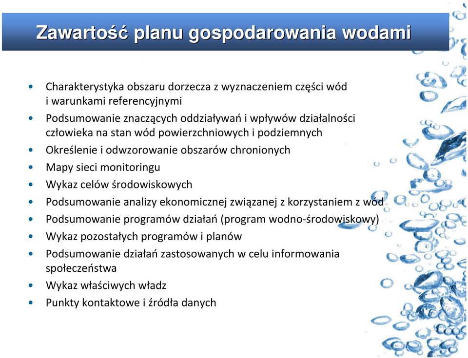 monitoringu Wykaz celów środowiskowych Podsumowanie analizy ekonomicznej związanej z korzystaniem z wód Podsumowanie programów działań(program