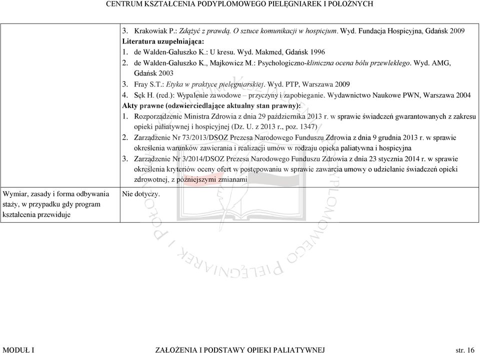 ): Wypalenie zawodowe przyczyny i zapobieganie. Wydawnictwo Naukowe PWN, Warszawa 2004 Akty prawne (odzwierciedlające aktualny stan prawny): 1.