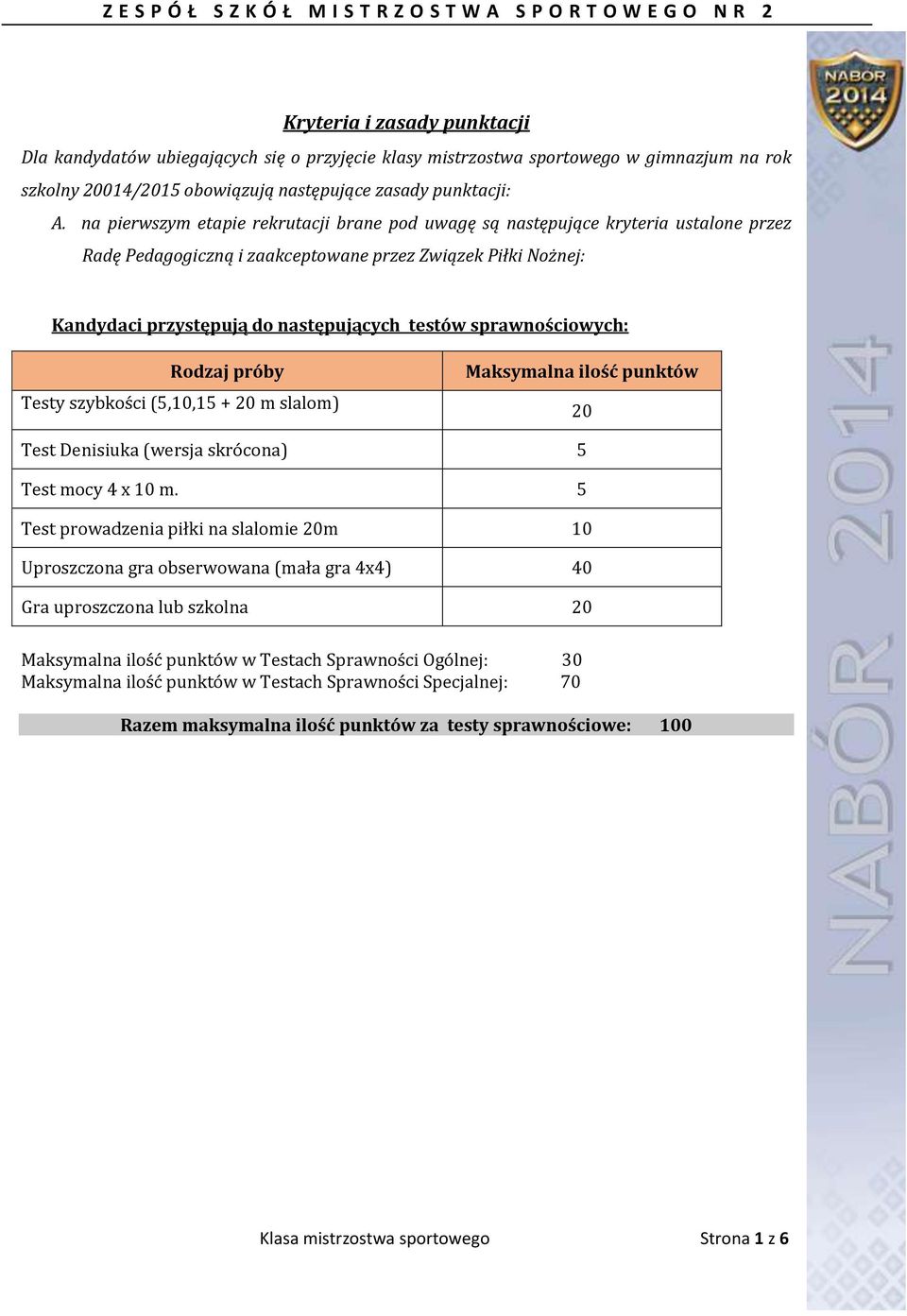 sprawnościowych: Rodzaj próby Testy szybkości (5,10,15 + 20 m slalom) Maksymalna ilość punktów 20 Test Denisiuka (wersja skrócona) 5 Test mocy 4 x 10 m.