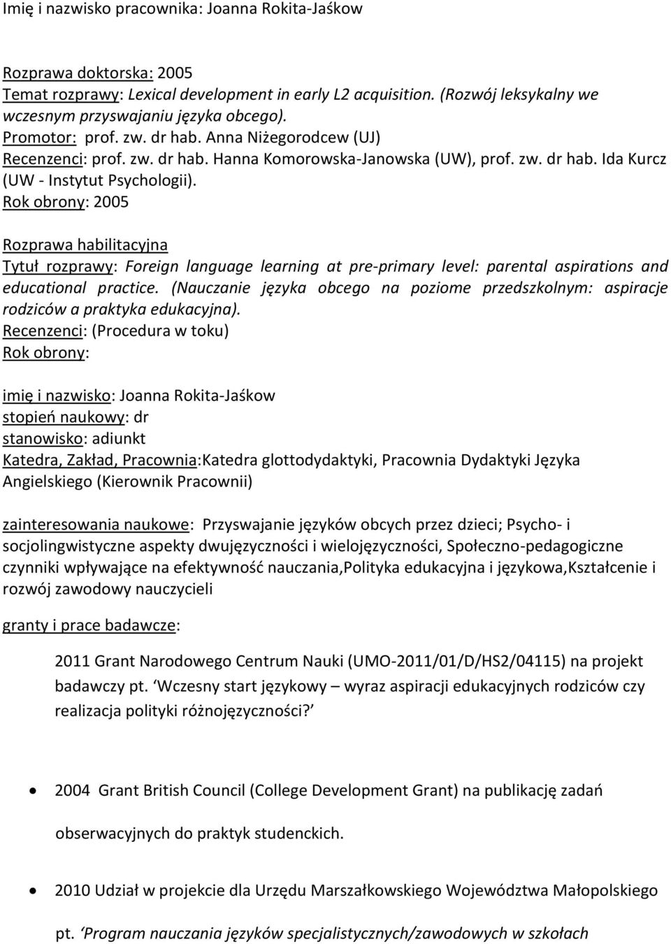 Rok obrony: 2005 Rozprawa habilitacyjna Tytuł rozprawy: Foreign language learning at pre-primary level: parental aspirations and educational practice.