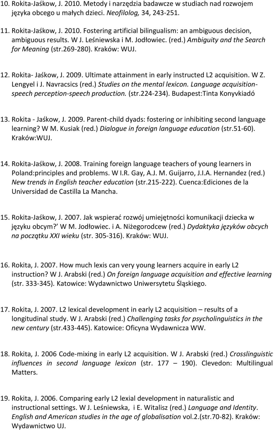 Lengyel i J. Navracsics (red.) Studies on the mental lexicon. Language acquisitionspeech perception-speech production. (str.224-234). Budapest:Tinta Konyvkiadó 13. Rokita - Jaśkow, J. 2009.