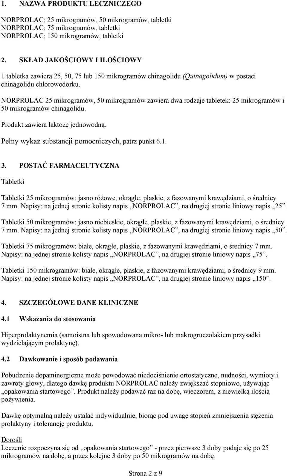 NORPROLAC 25 mikrogramów, 50 mikrogramów zawiera dwa rodzaje tabletek: 25 mikrogramów i 50 mikrogramów chinagolidu. Produkt zawiera laktozę jednowodną.